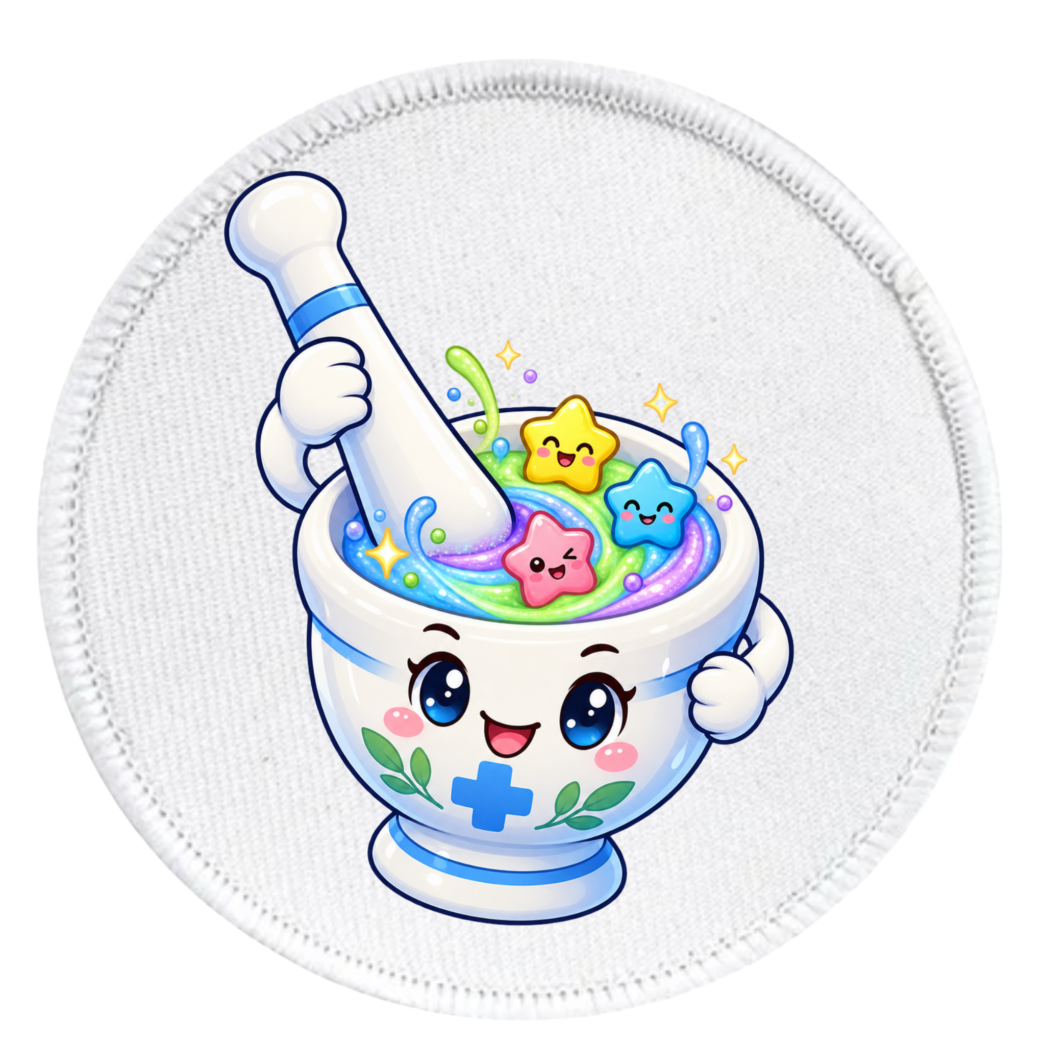 A round white embroidered patch featuring a cute cartoon illustration of a smiling mortar and pestle filled with colorful pastel potion and star shapes, isolated on a white background.