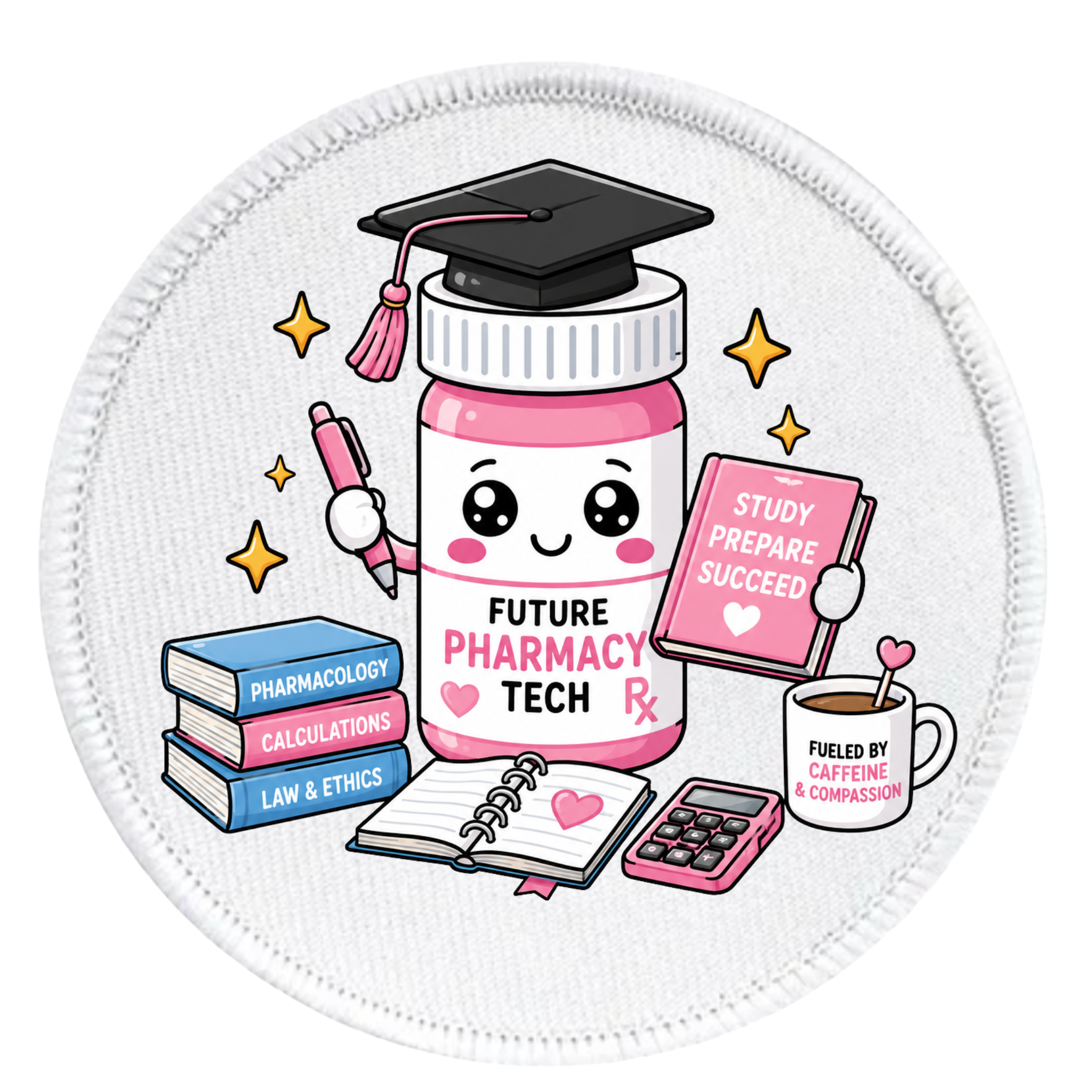 Circular patch with a cartoon pharmacy tech design on a white background