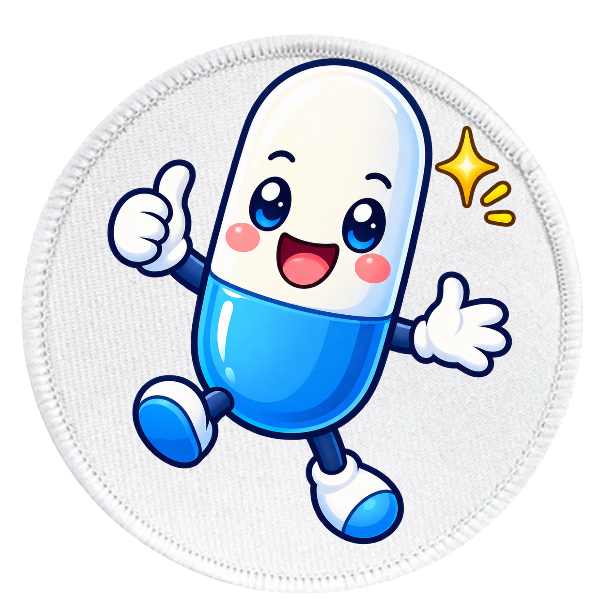A round white embroidered patch featuring a cartoon blue-and-white capsule character with a smiling face, raised thumbs, and small yellow sparkle accents on a white background.