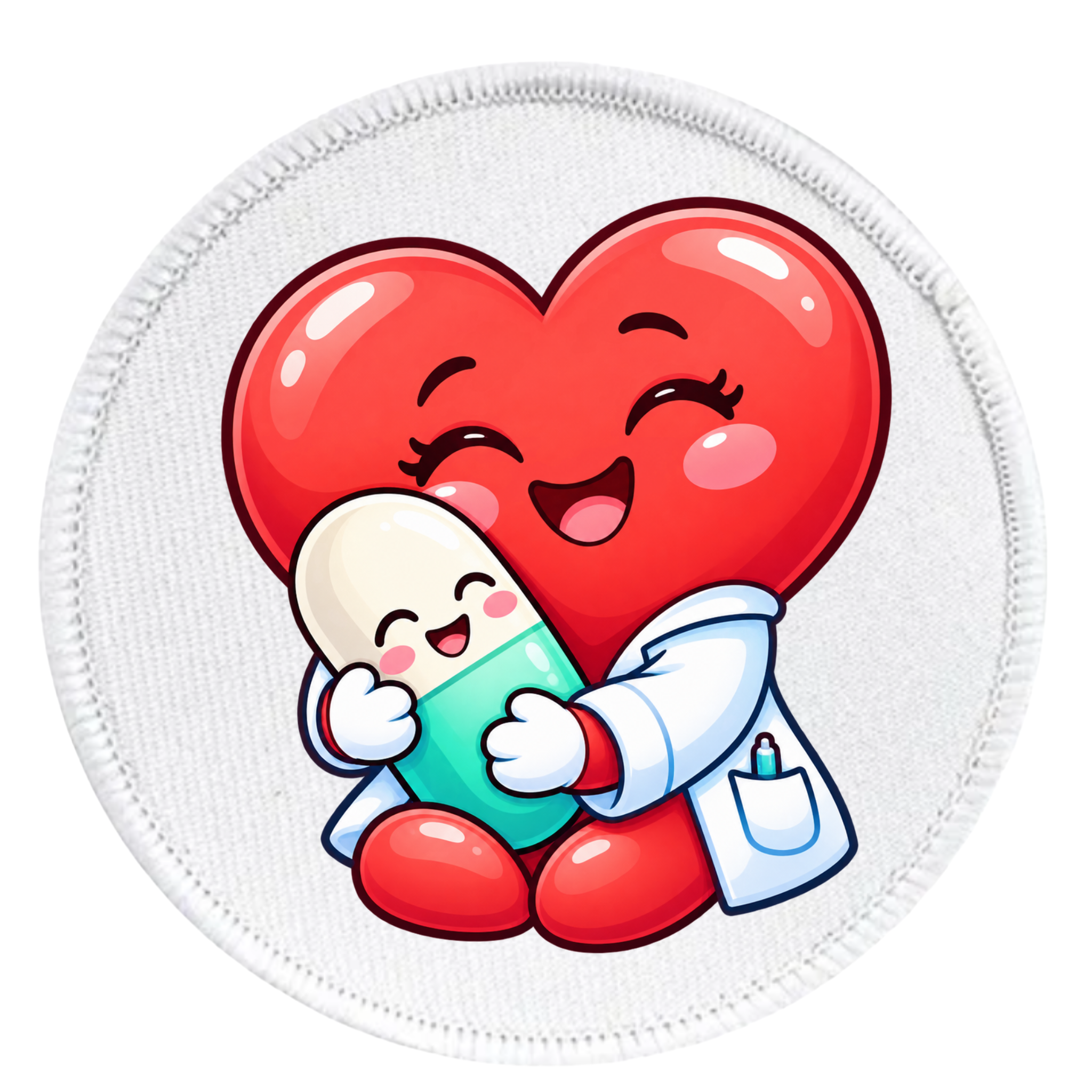 A round white patch featuring a cute cartoon illustration of a red heart hugging a white and teal pill capsule, with the heart wearing a white doctor coat.