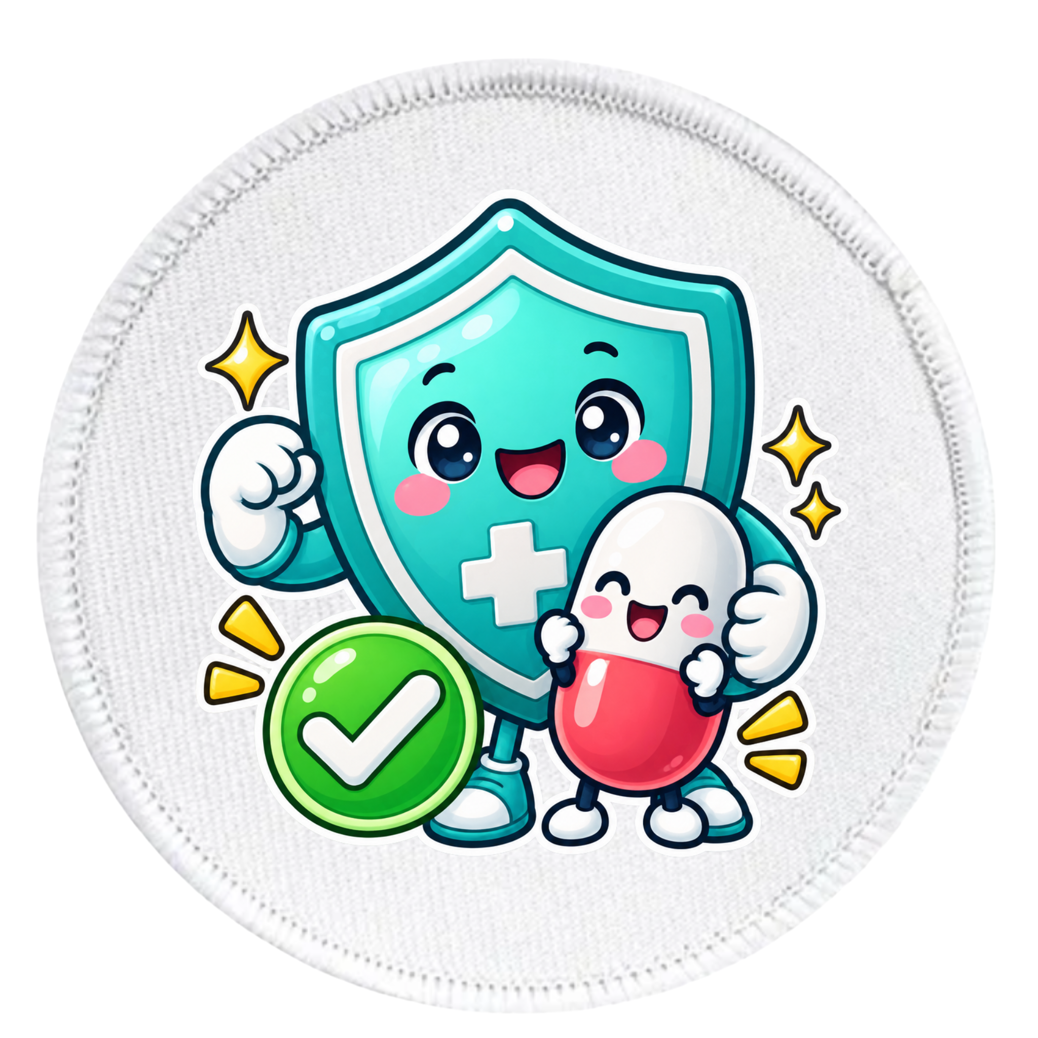 A round white fabric patch or sticker featuring a cute cartoon illustration of a teal shield character with a white cross, hugging a white pill character and holding a green checkmark badge, on a plain white background.