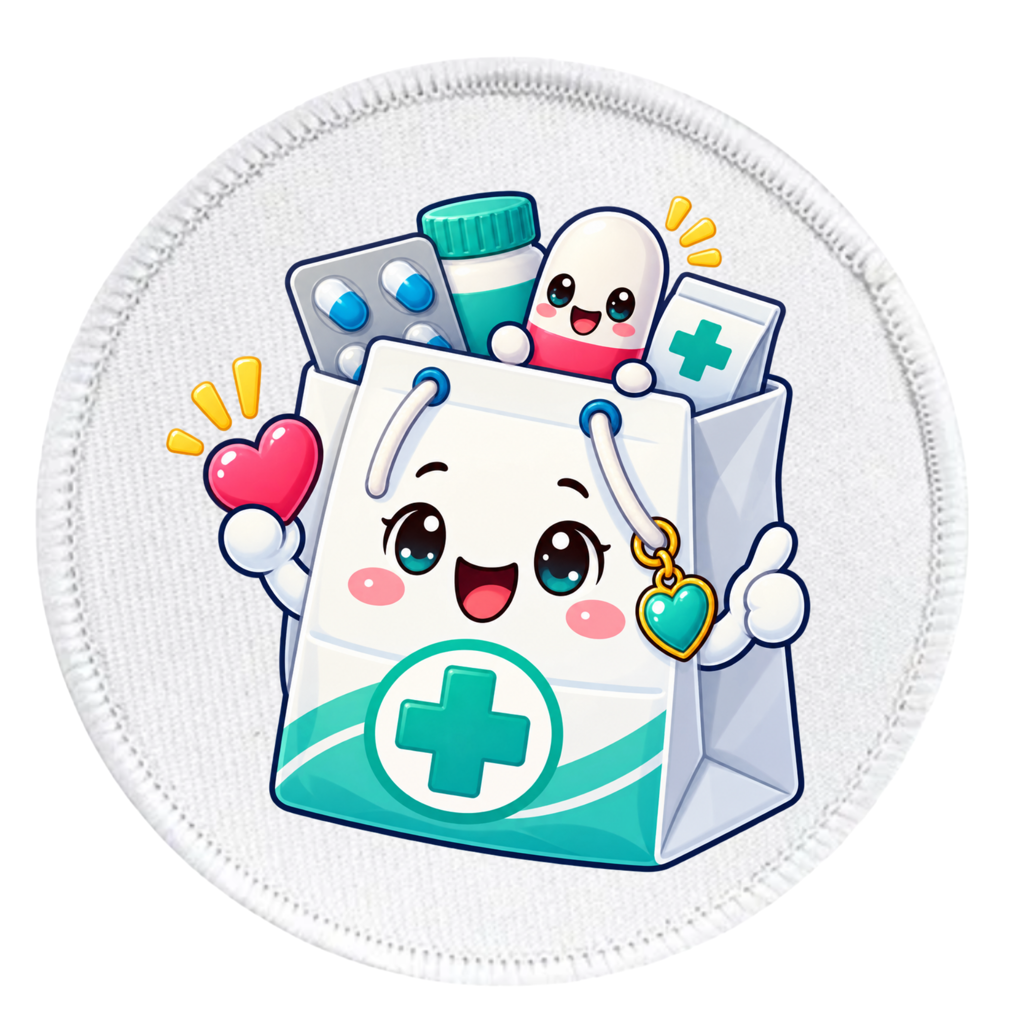 A circular white patch featuring a cute cartoon medical bag character with a smiling face, holding a pink heart and a green heart charm, with illustrated pills and medicine bottles peeking out behind it.