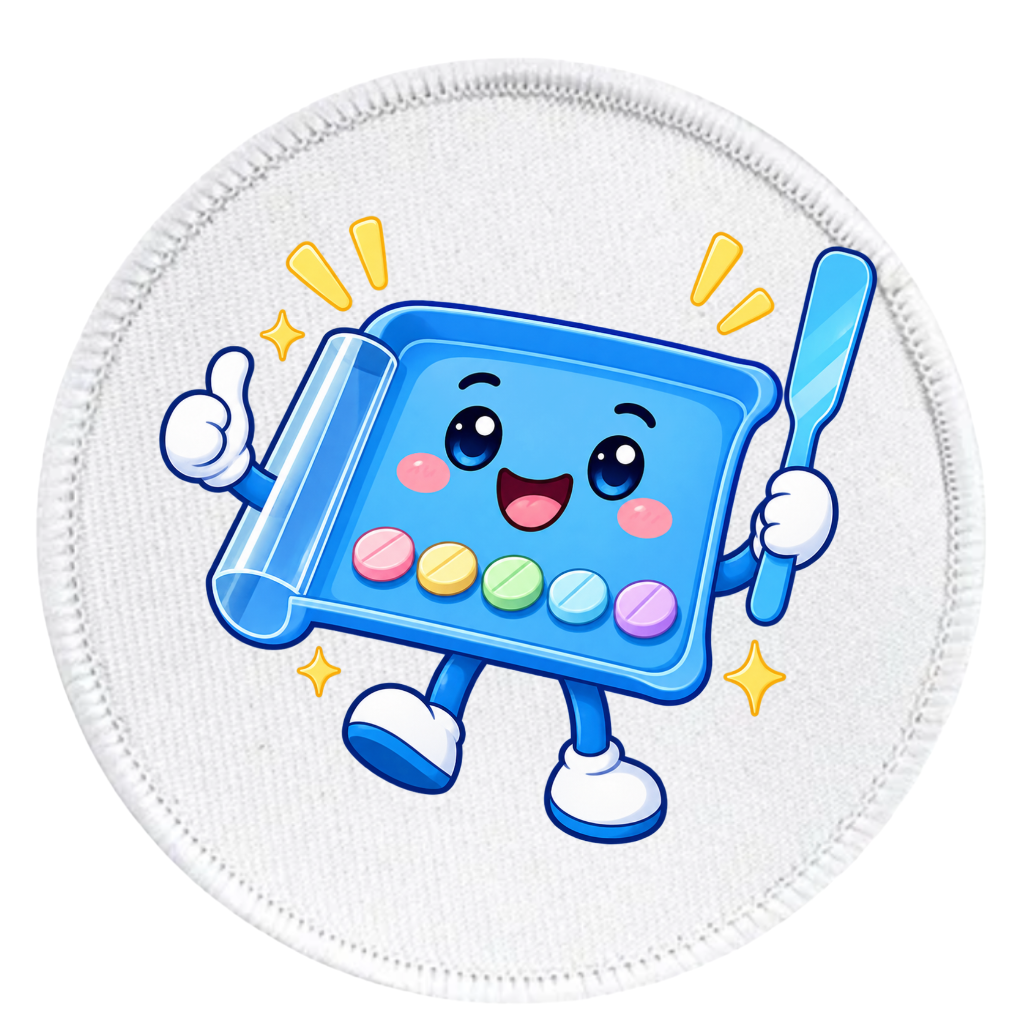 A round white embroidered patch featuring a cute cartoon character of a blue pill bottle with colorful pills and a white spatula, set against a plain white background.