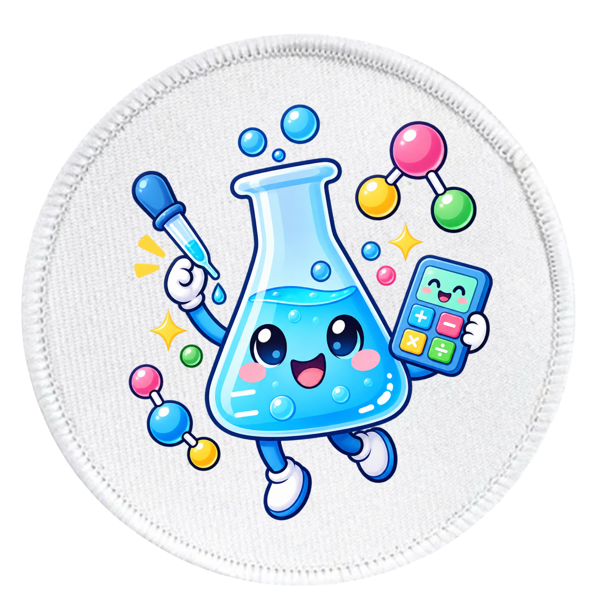A circular white fabric patch featuring a cute cartoon science illustration of a blue beaker character holding a dropper and calculator, surrounded by colorful molecular models and stars.