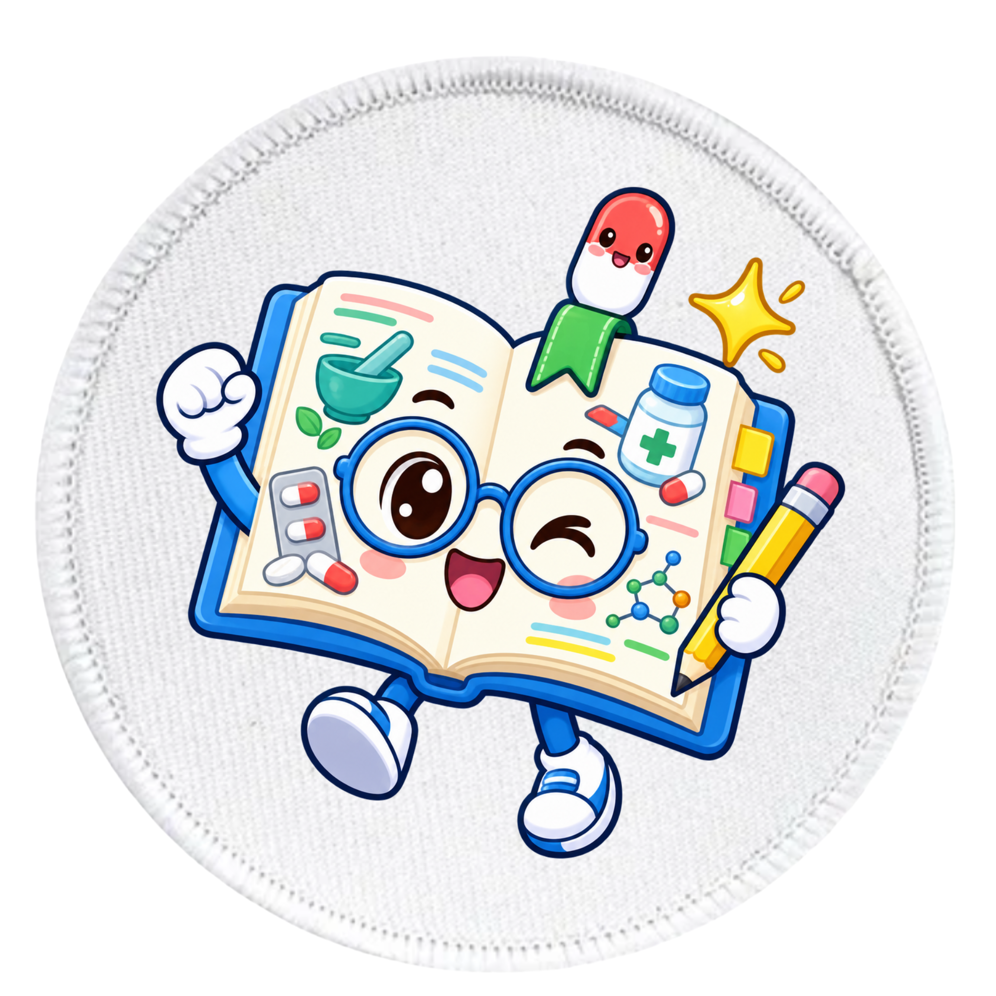 A round white embroidered patch featuring a cartoon open book character with glasses, a green ribbon bookmark, a red-and-white pill, a yellow star, and a pink pencil.