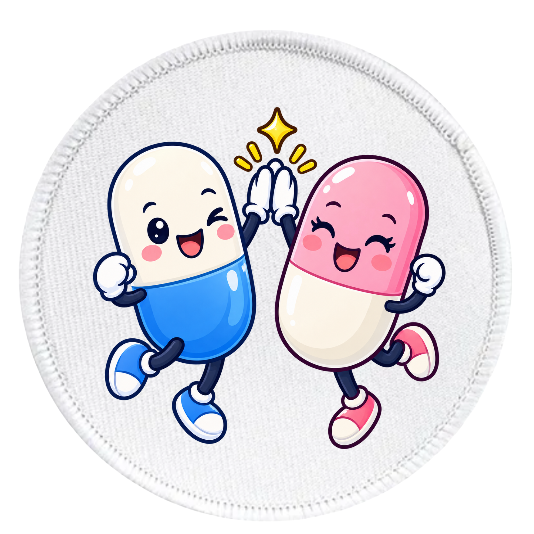 A round white embroidered patch featuring two cute, smiling cartoon capsules dancing and high-fiving. One capsule is blue and white, and the other is pink and white, with a small yellow star above them.