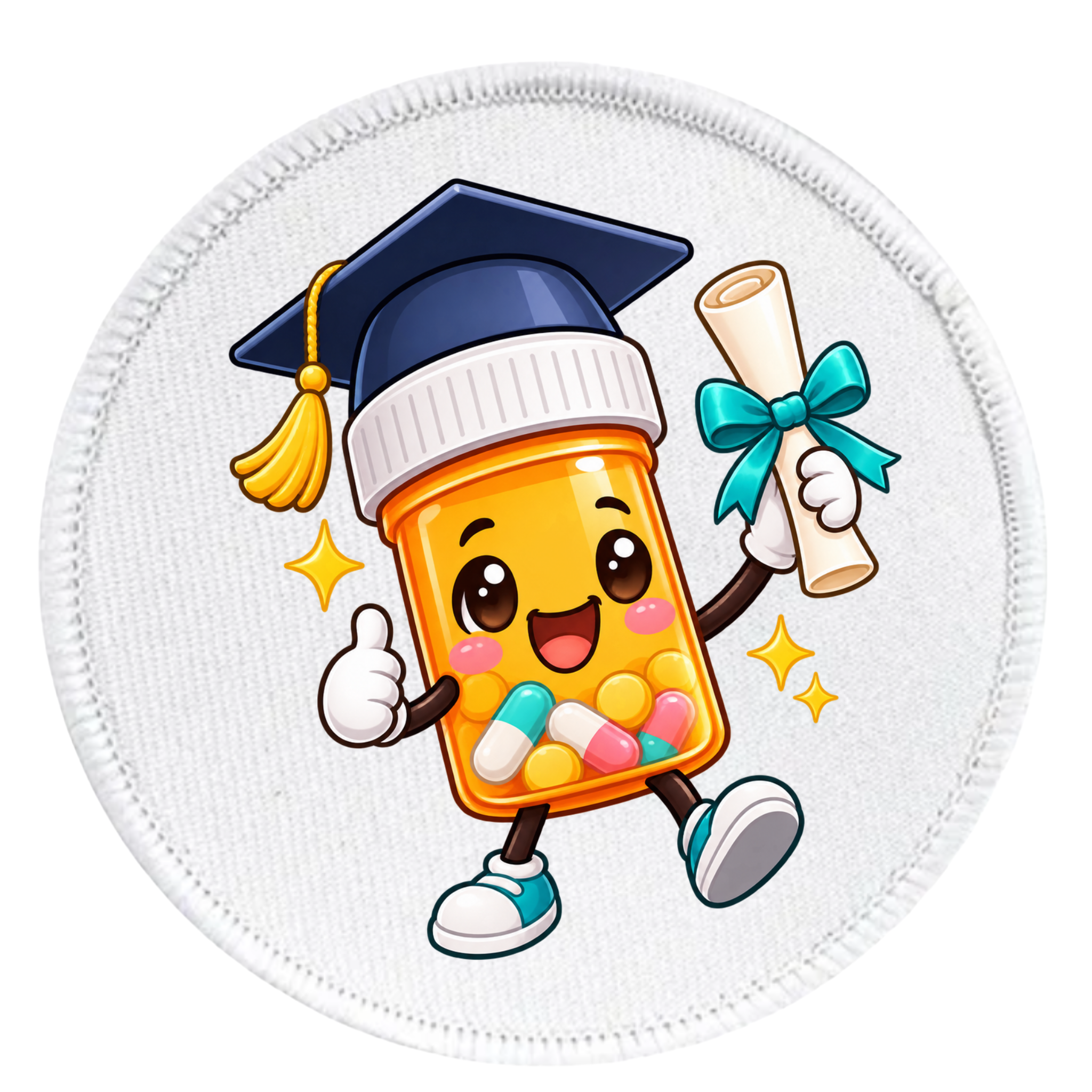 A round white embroidered patch featuring a cute cartoon pill bottle character wearing a navy blue graduation cap and holding a rolled diploma with a teal bow. The character has a smiling face, colorful capsules inside, and small sneakers, set against a plain white background.