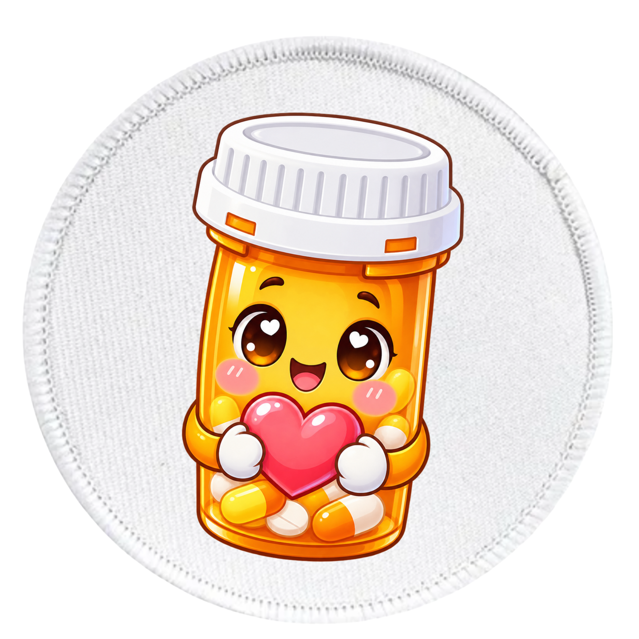 A circular white patch featuring a cute cartoon pill bottle character holding a pink heart, isolated on a white background.