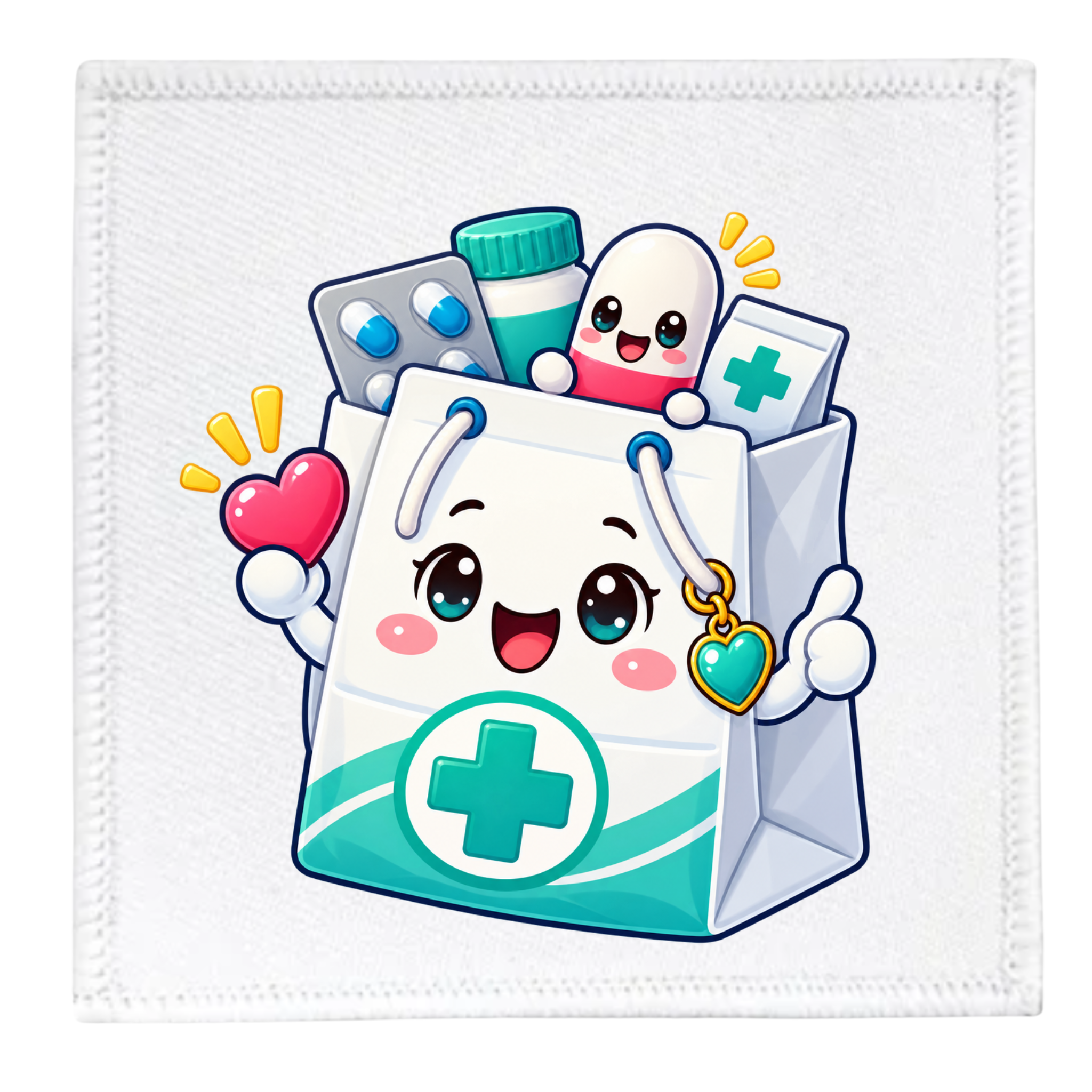 A square white fabric patch with a stitched border, featuring a cute cartoon illustration of a medical supply bag with a smiling face, a green cross emblem, pills, and a heart-shaped charm.