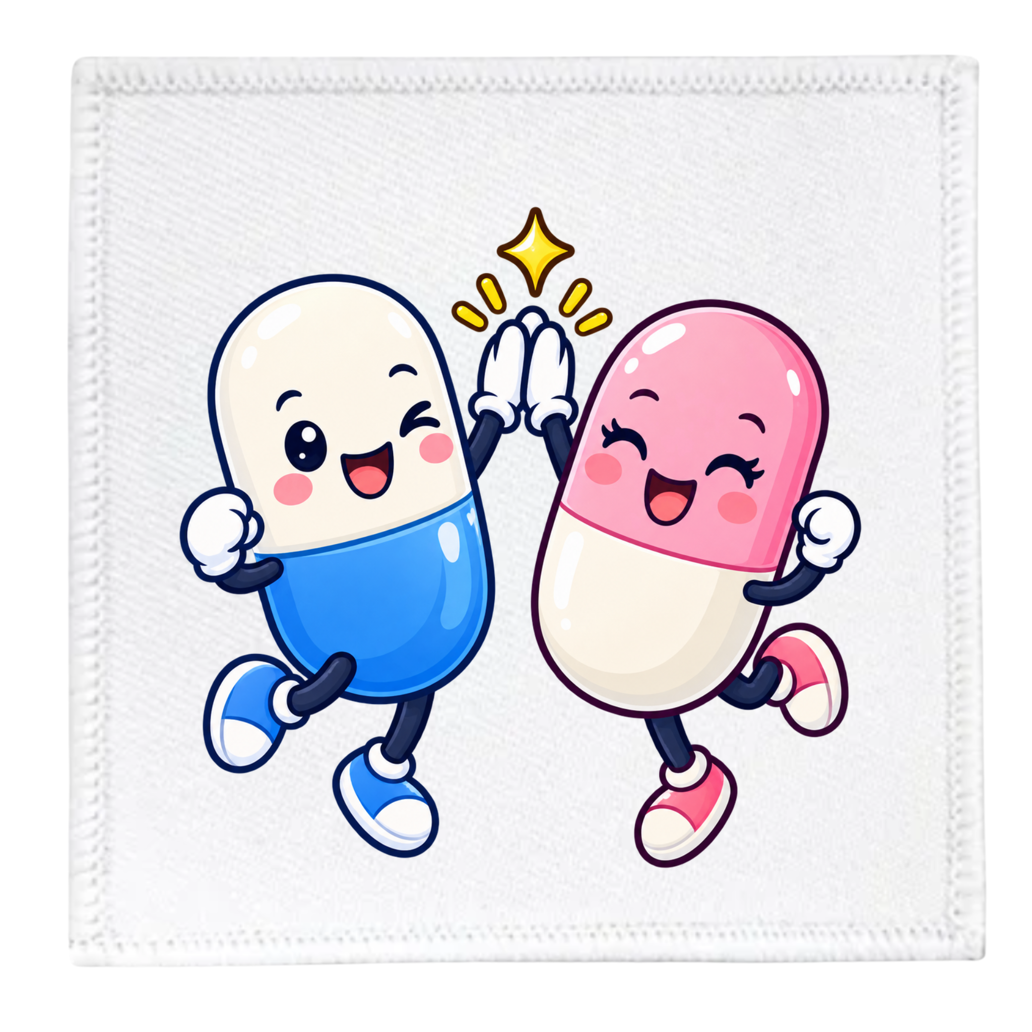 A square white fabric patch with a stitched border, featuring a cute cartoon graphic of two smiling capsules high-fiving. The capsule on the left is half blue and half white, and the one on the right is half pink and half white, with a small yellow star above them.