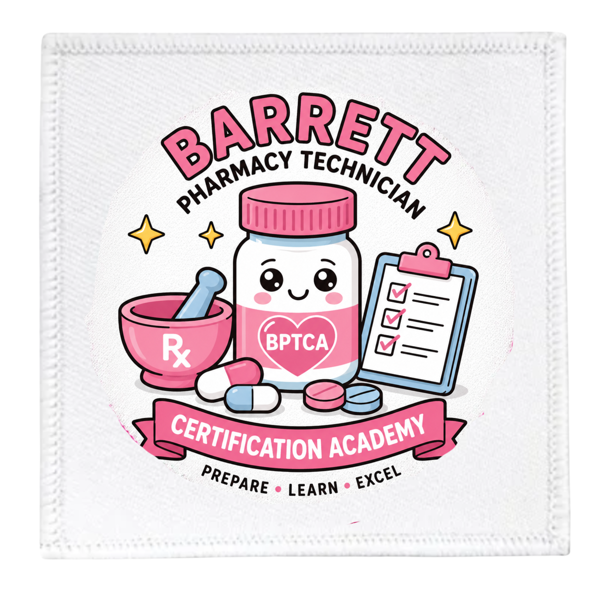 Patch with cartoon pharmacy-themed design and text on a white background