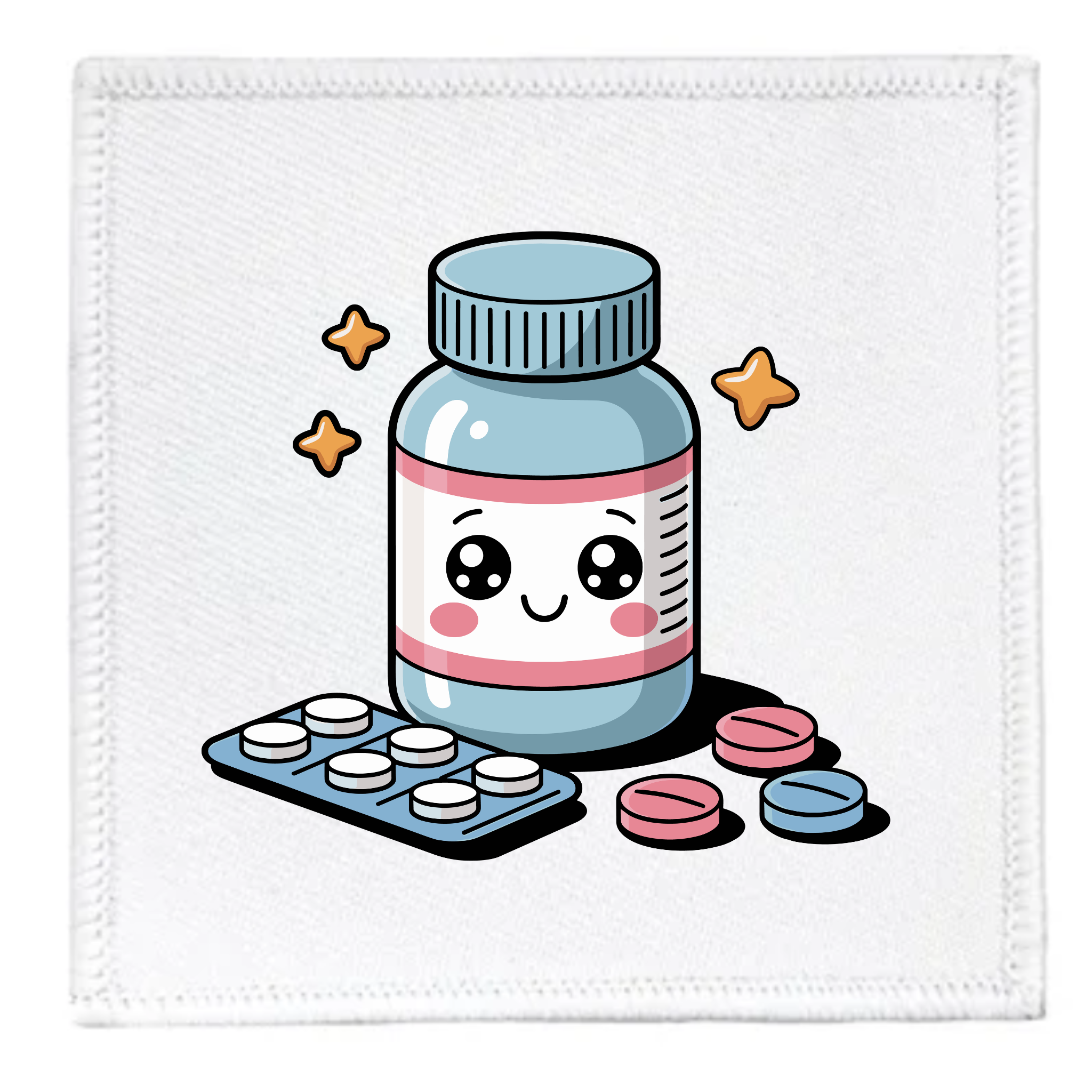 Kawaii-style pill bottle with a face on a white background