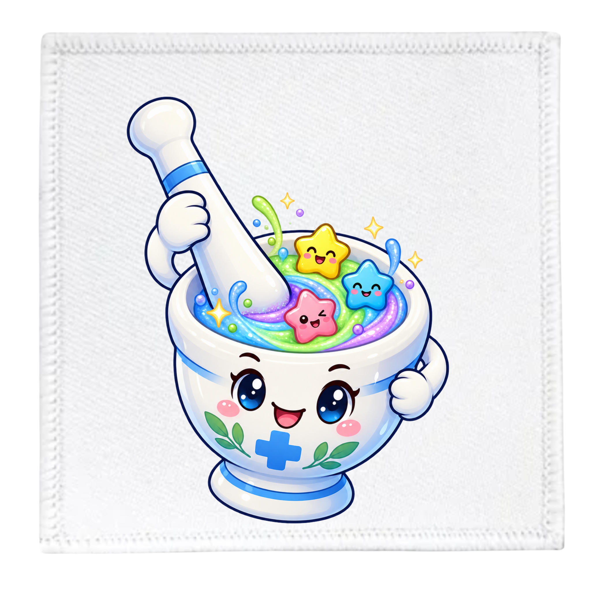A square white fabric item, likely a napkin or small towel, featuring a colorful cartoon illustration of a smiling mortar and pestle with star-shaped ingredients inside.