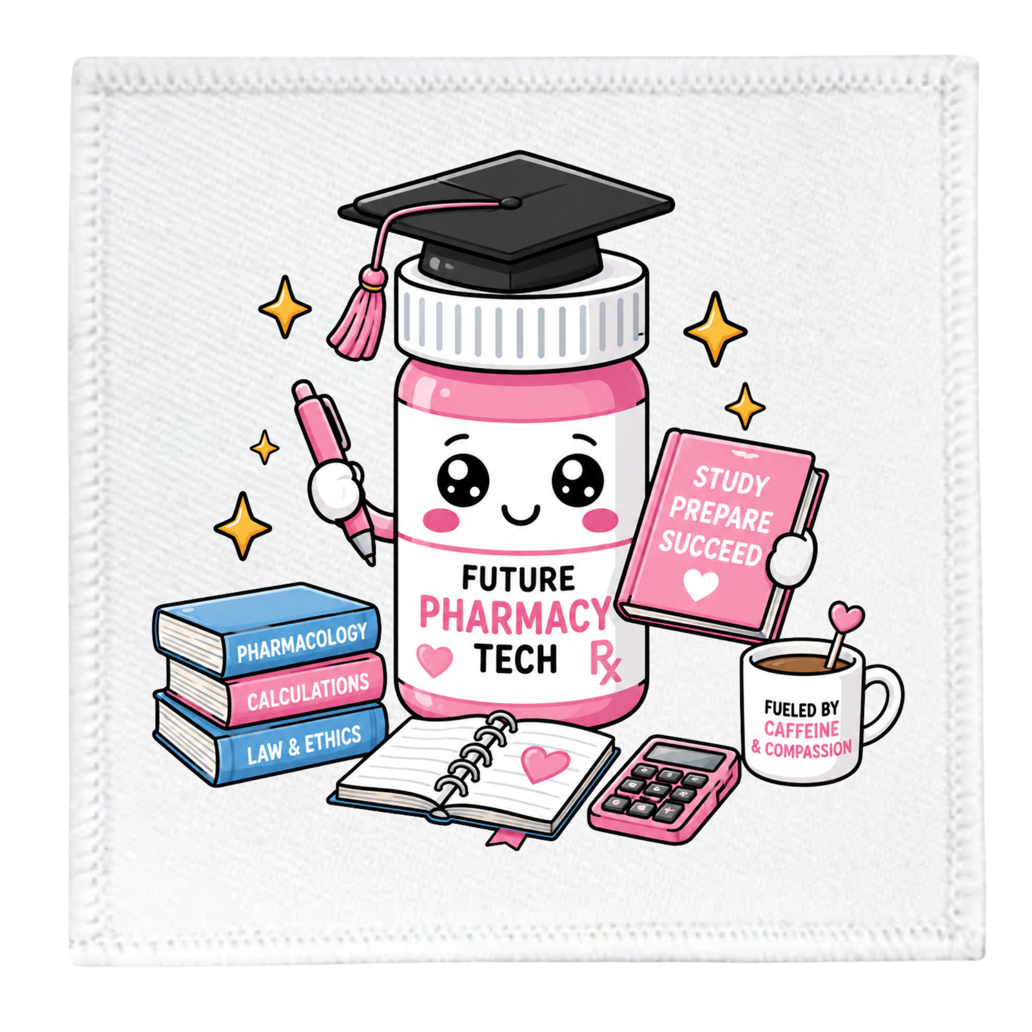 Illustration of a pink pharmacy tech-themed water bottle with graduation cap, books, and coffee cup on a white background.