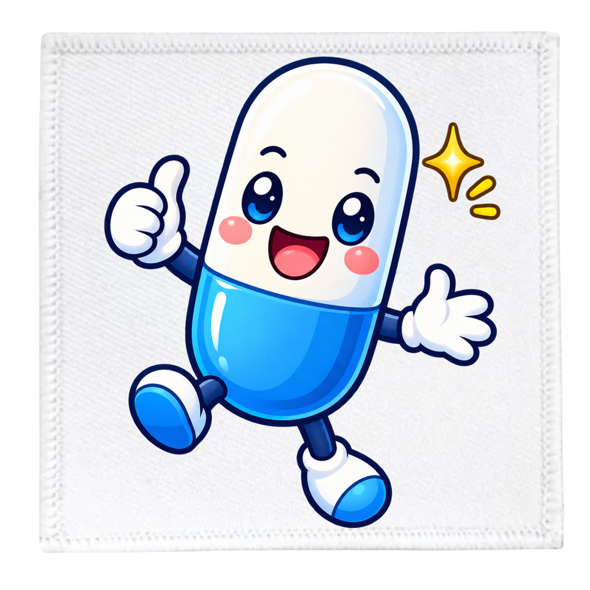 A square white fabric patch with a stitched border, featuring a cartoon blue-and-white capsule character with a smiling face, raised arms, and a small yellow sparkle graphic.