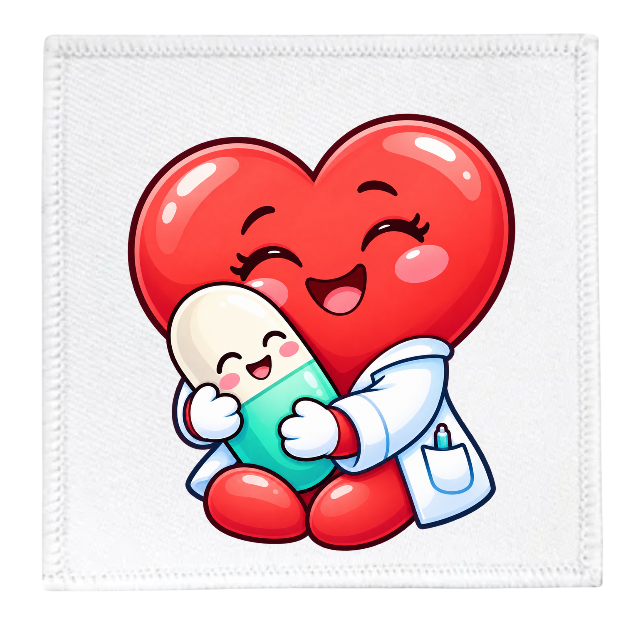 A square white fabric patch with a stitched border, featuring a cute cartoon illustration of a red heart hugging a smiling pill capsule dressed in a white lab coat.