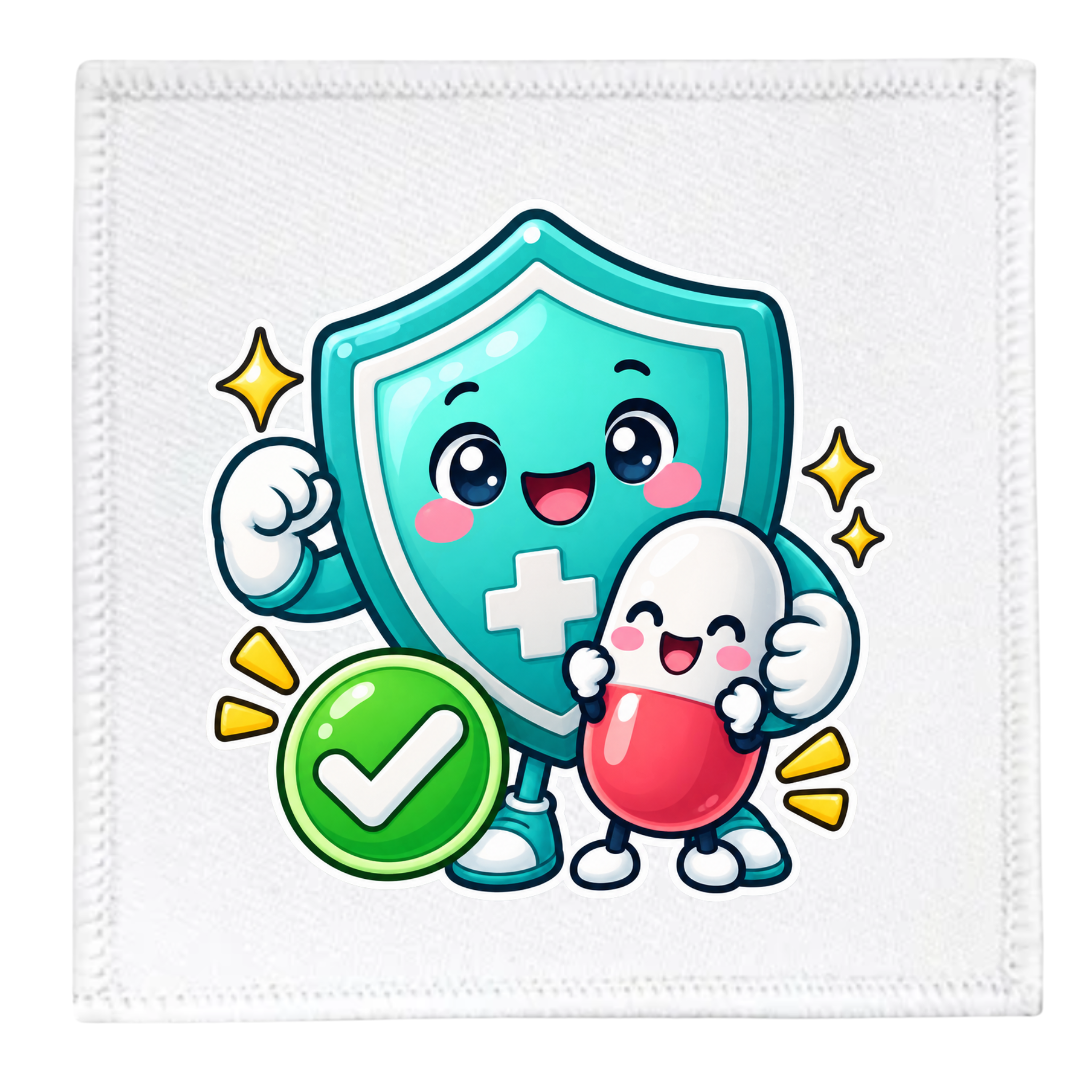 A square white fabric patch with a stitched border, featuring a colorful cartoon graphic of a teal shield character with a white cross, a small white character hugging a red pill capsule, and a green checkmark badge.
