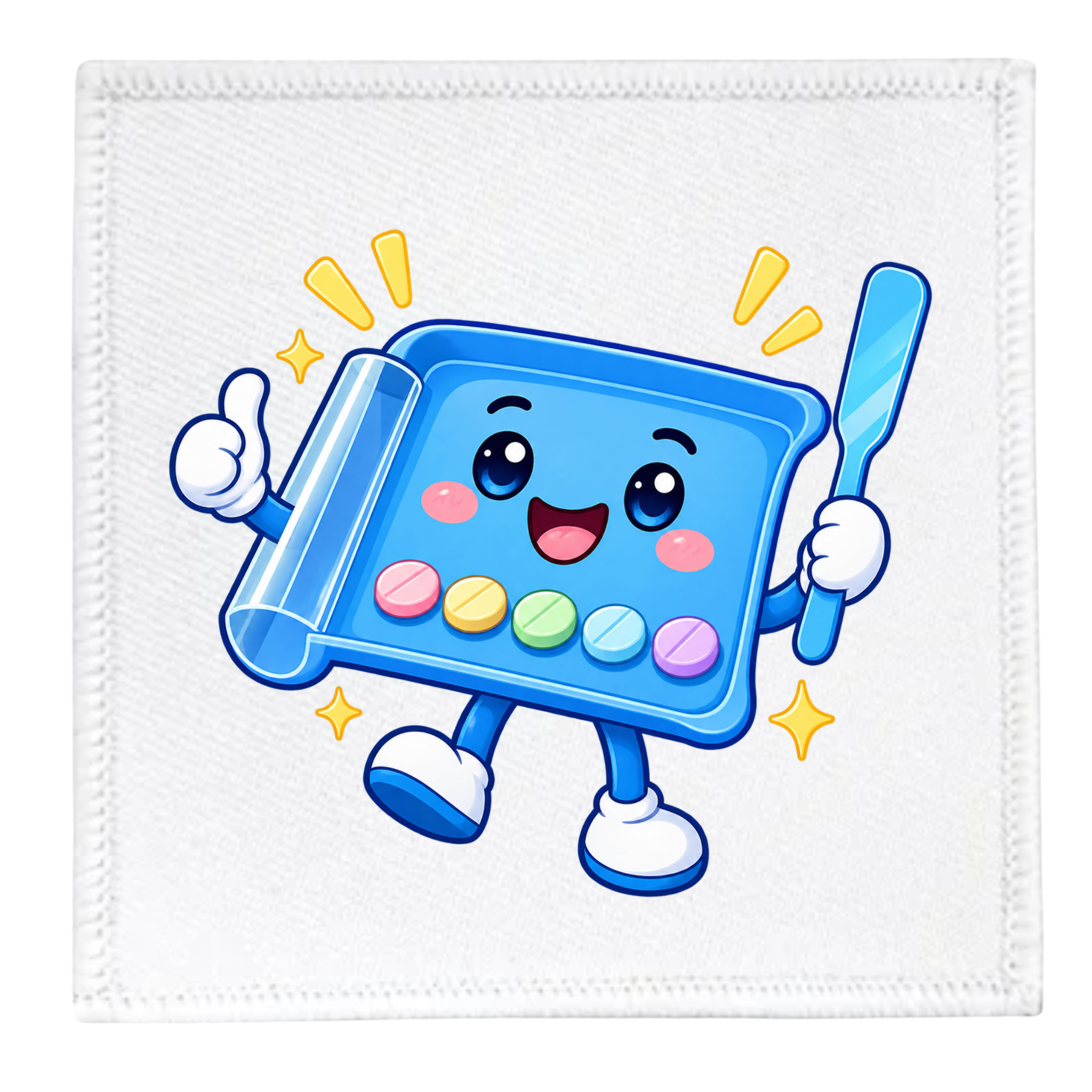 A square white fabric item, likely a towel or blanket, featuring a colorful cartoon illustration of a smiling blue tray character holding a spatula and giving a thumbs-up.