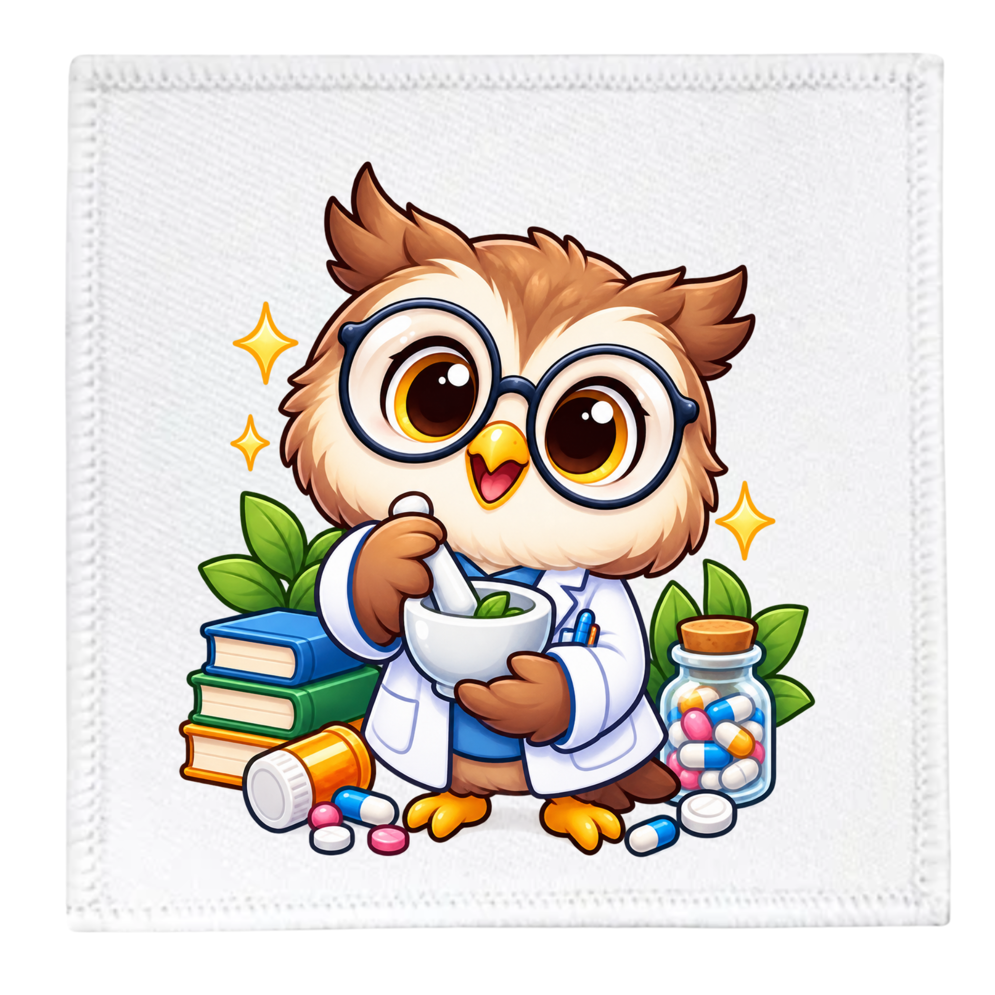 A square white fabric patch with a stitched border, featuring a cartoon owl dressed as a pharmacist holding a mortar and pestle, surrounded by books, leaves, pills, and a medicine jar.