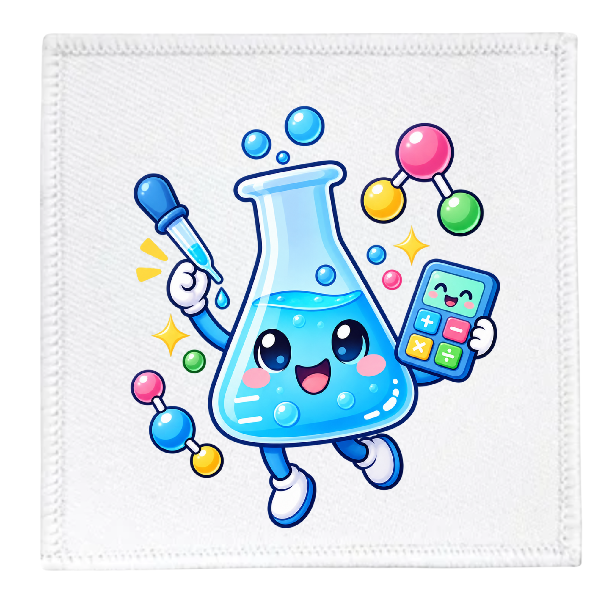 A square white fabric item, likely a napkin or small towel, featuring a colorful cartoon graphic of a happy blue beaker character holding a dropper and a calculator.