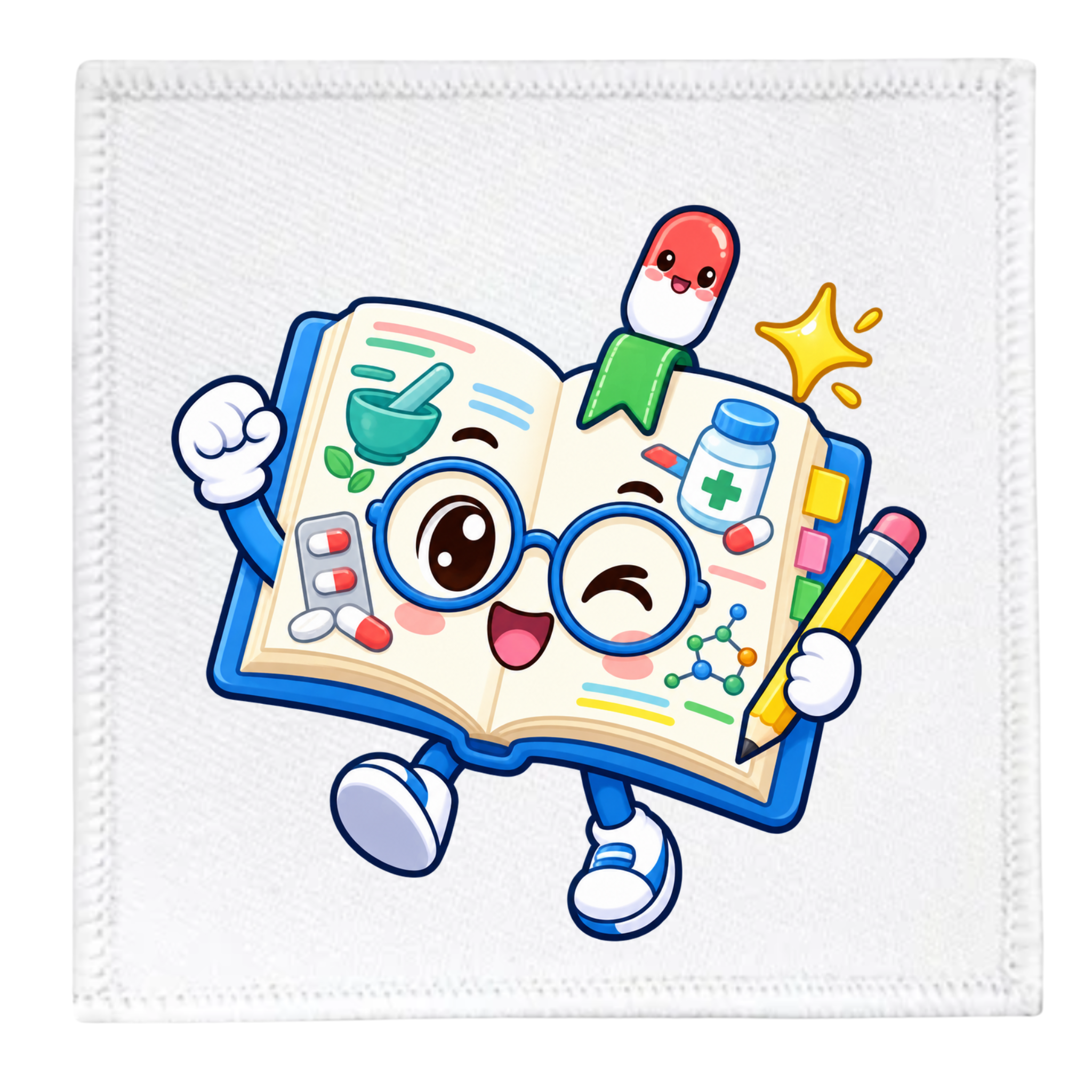 A square white fabric patch with a stitched border, featuring a colorful cartoon illustration of an open book character wearing round glasses, holding a yellow pencil, with medical-themed icons and a pill bottle around it.