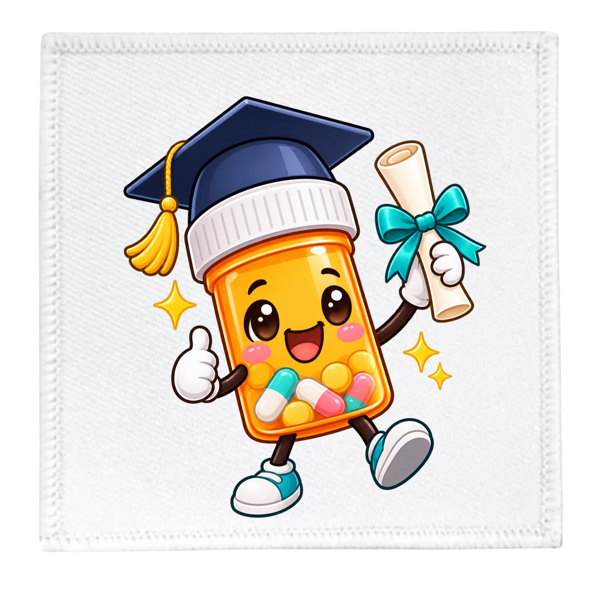 A square white fabric patch or coaster featuring a cute cartoon illustration of an orange pill bottle character wearing a graduation cap and holding a diploma, surrounded by colorful capsules and yellow stars.