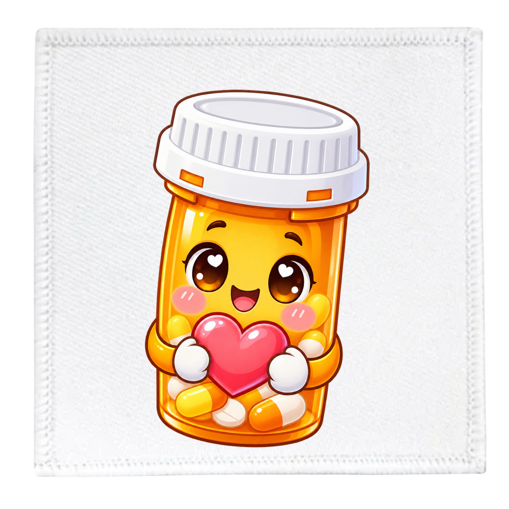 A square white fabric item, likely a baby blanket or towel, featuring a cute cartoon illustration of a smiling orange pill bottle holding a pink heart.