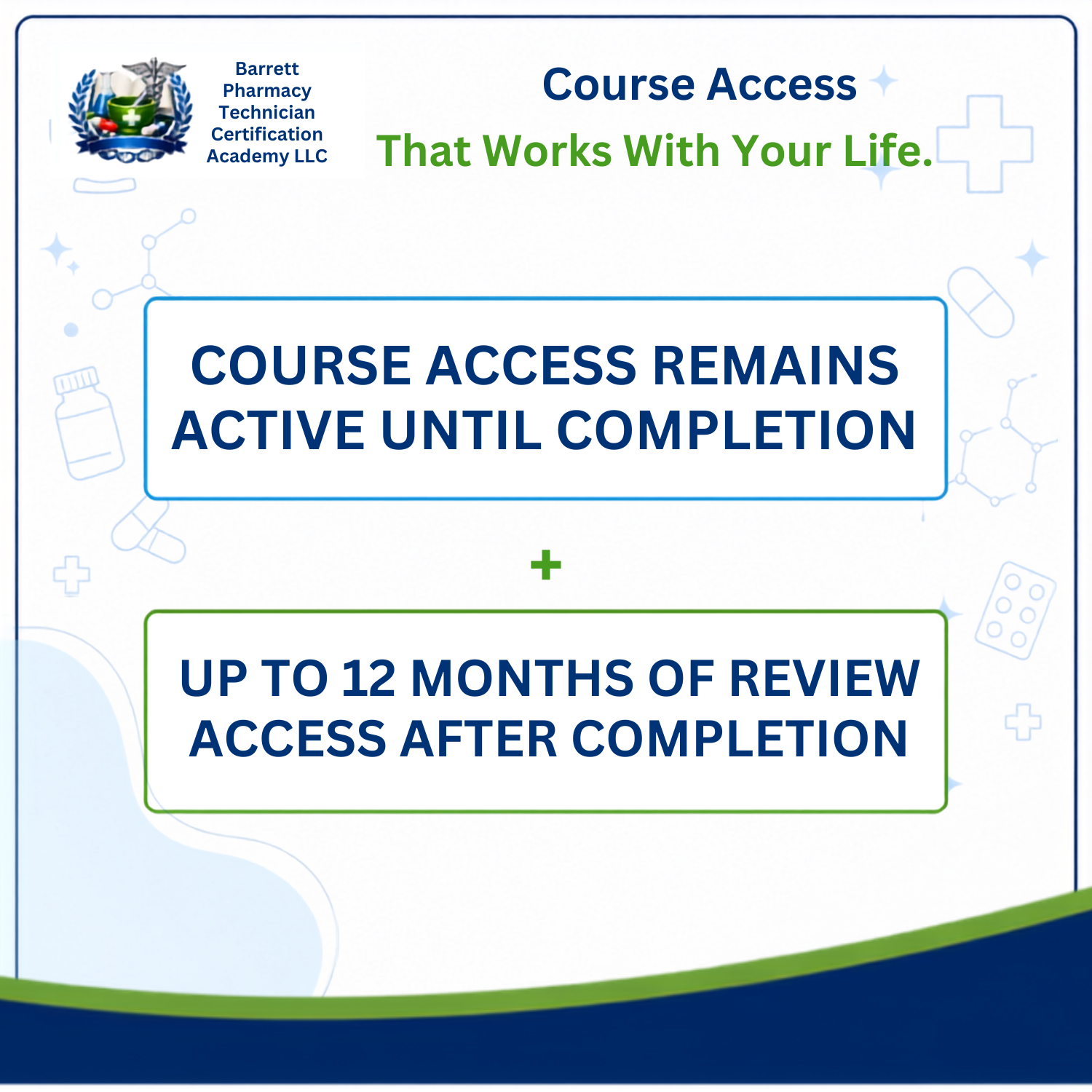 Promotional graphic for Barrett Pharmacy Technician Certification Academy LLC, featuring text that says 'Course Access That Works With Your Life.' and two main message boxes: 'Course Access Remains Active Until Completion' and 'Up to 12 Months of Review Access After Completion.