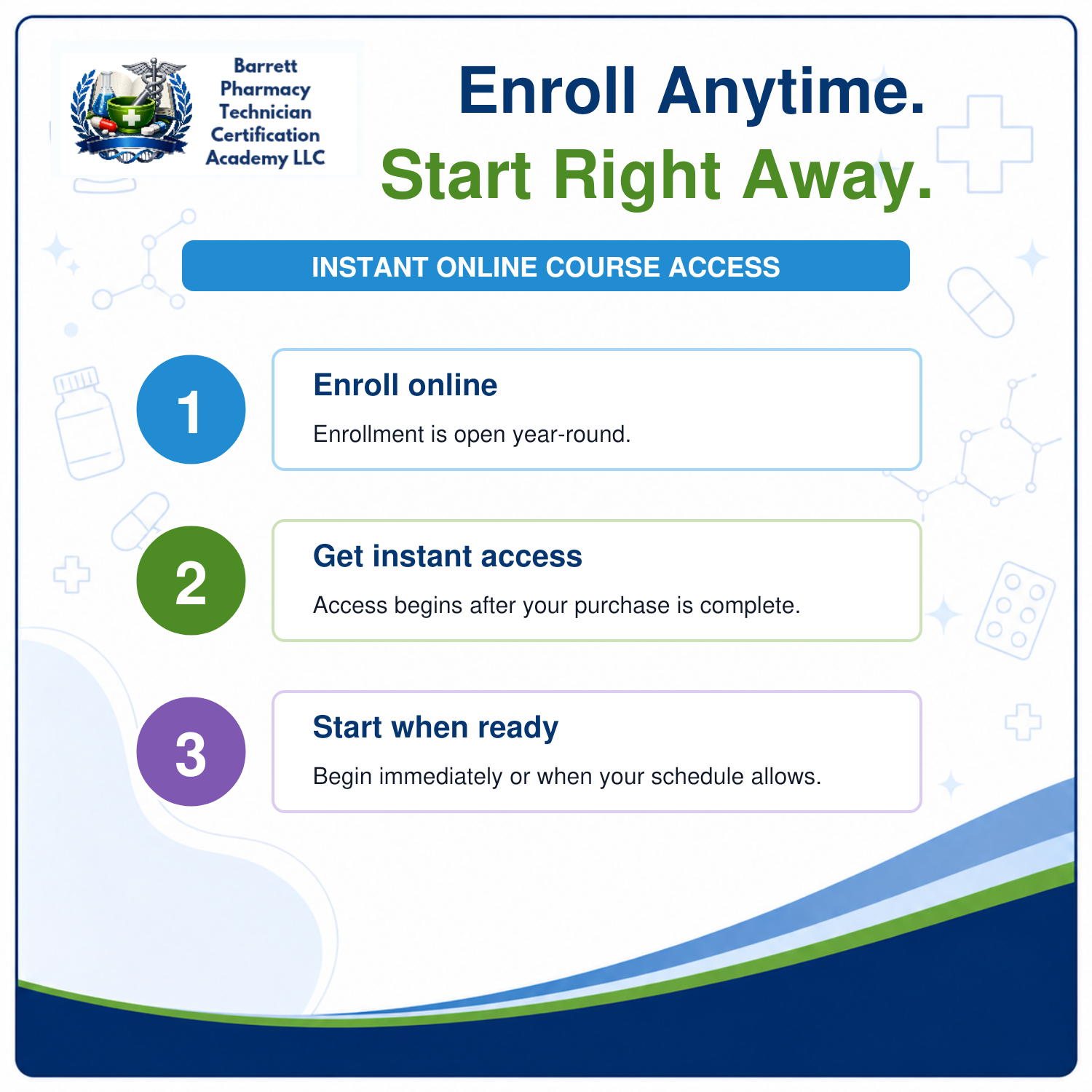 Promotional graphic for Barrett Pharmacy Technician Certification Academy LLC, outlining three steps to enroll anytime: enroll online, get instant access, and start when ready. The design features a white background with blue, green, and purple accents, and includes the university seal in the top left corner.