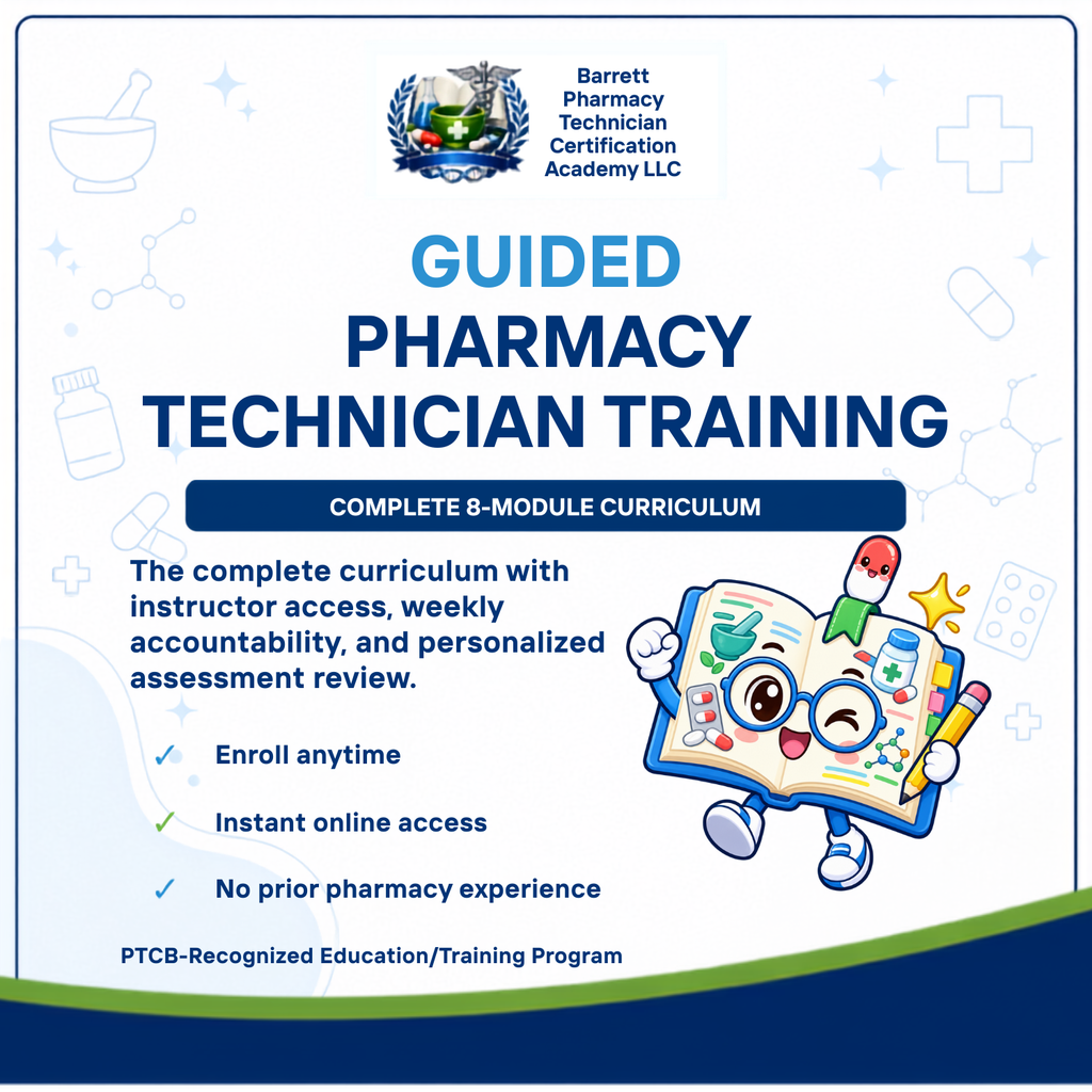 Promotional graphic for Barrett Pharmacy Technician Certification Academy LLC, advertising a guided pharmacy technician training program with an 8-module curriculum. The design features a white background with blue and navy accents, medical icons, and a cartoon illustration of a smiling open book character.