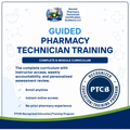 Promotional graphic for Barrett Pharmacy Technician Certification Academy LLC, advertising a guided pharmacy technician training program with an 8-module curriculum. The design features a white background with blue and navy accents, medical icons, and a cartoon illustration of a smiling open book character.