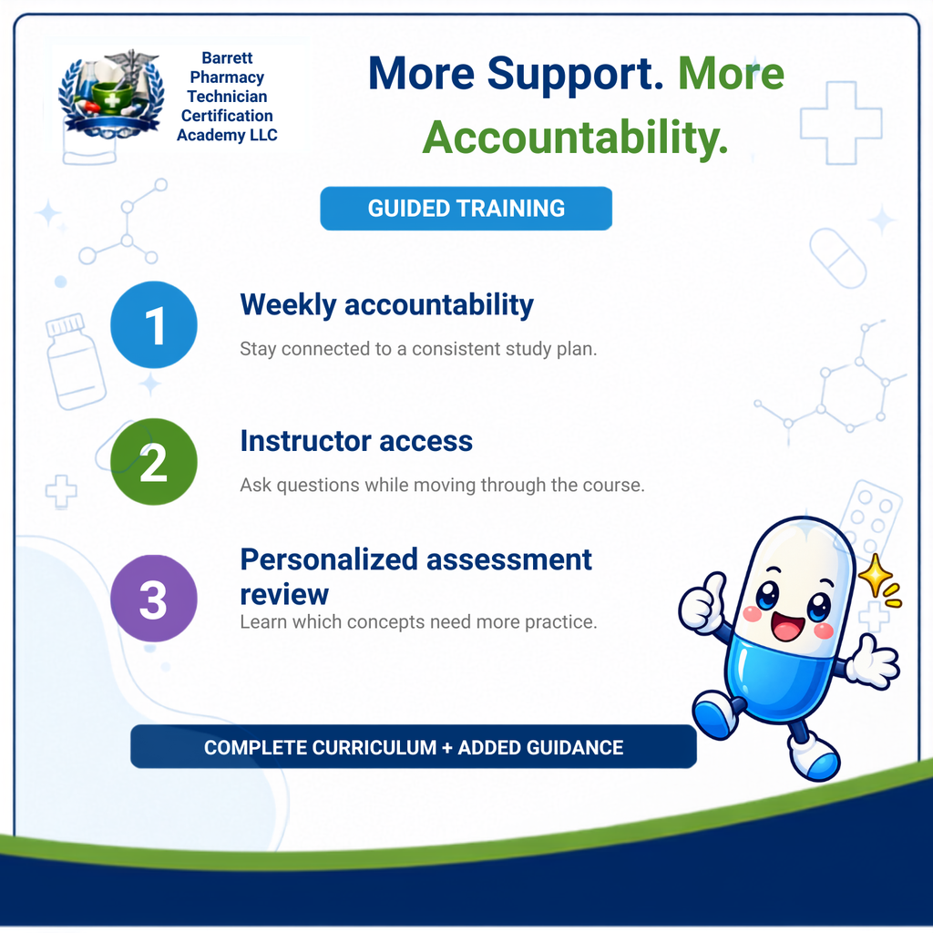 Promotional graphic for Barrett Pharmacy Technician Certification Academy LLC, outlining three key features of guided training: weekly accountability, instructor access, and personalized assessment review. The design features a white background with blue and green text, medical icons, and a cute cartoon pill character.