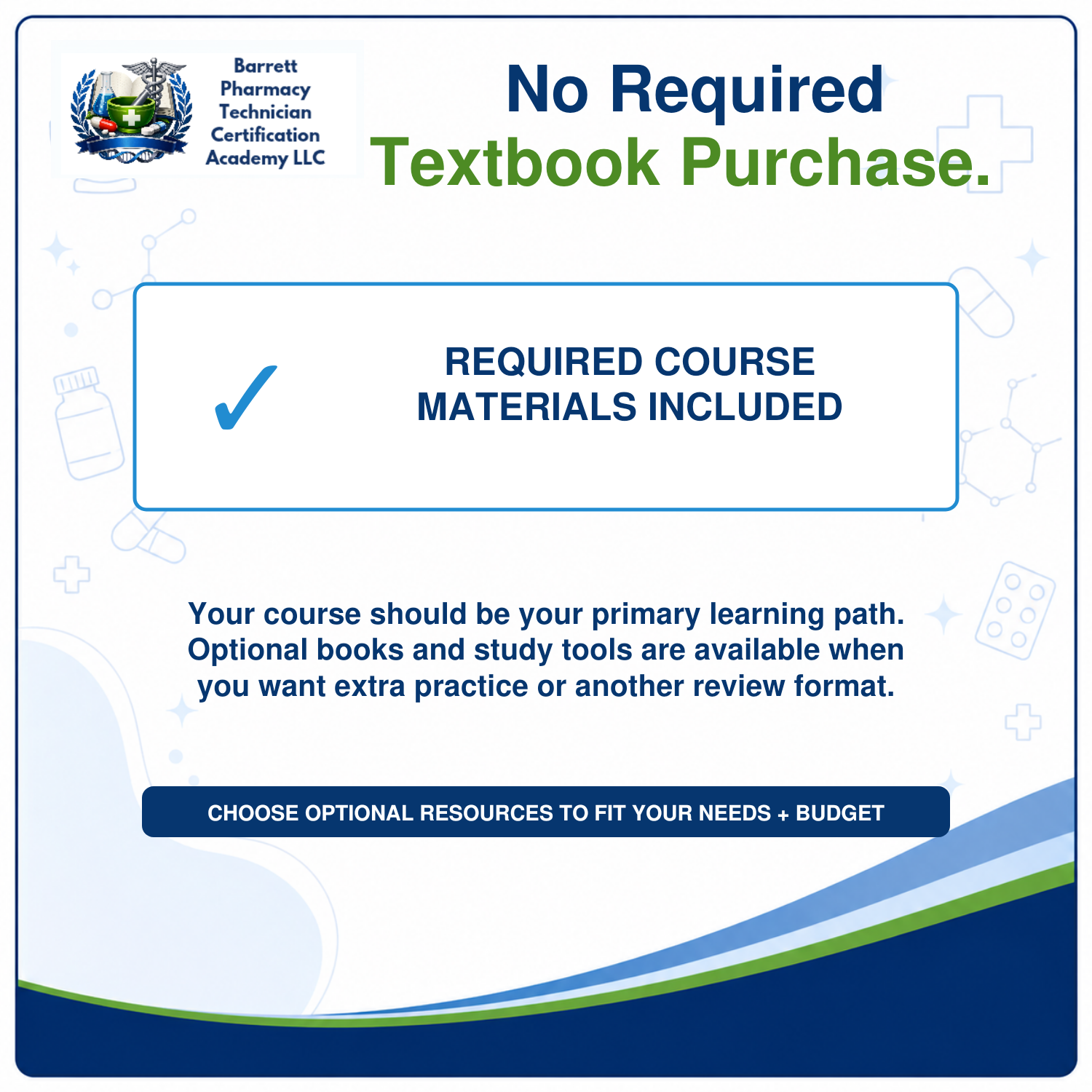 A digital informational graphic for Barrett Pharmacy Technician Certification Academy LLC stating 'No Required Textbook Purchase.' with a note that required course materials are included, on a white background with blue and green accents and faint medical-themed icons.