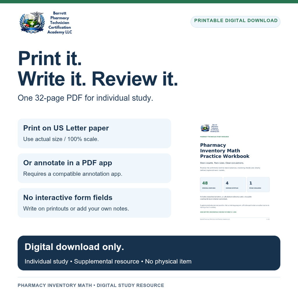 Pharmacy Inventory Math Practice Workbook