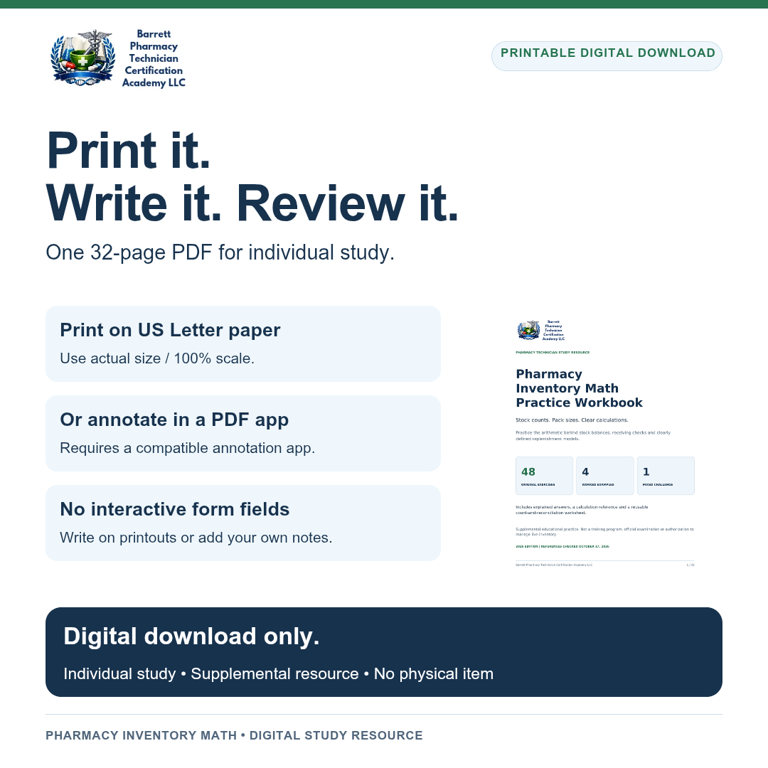 Pharmacy Inventory Math Practice Workbook