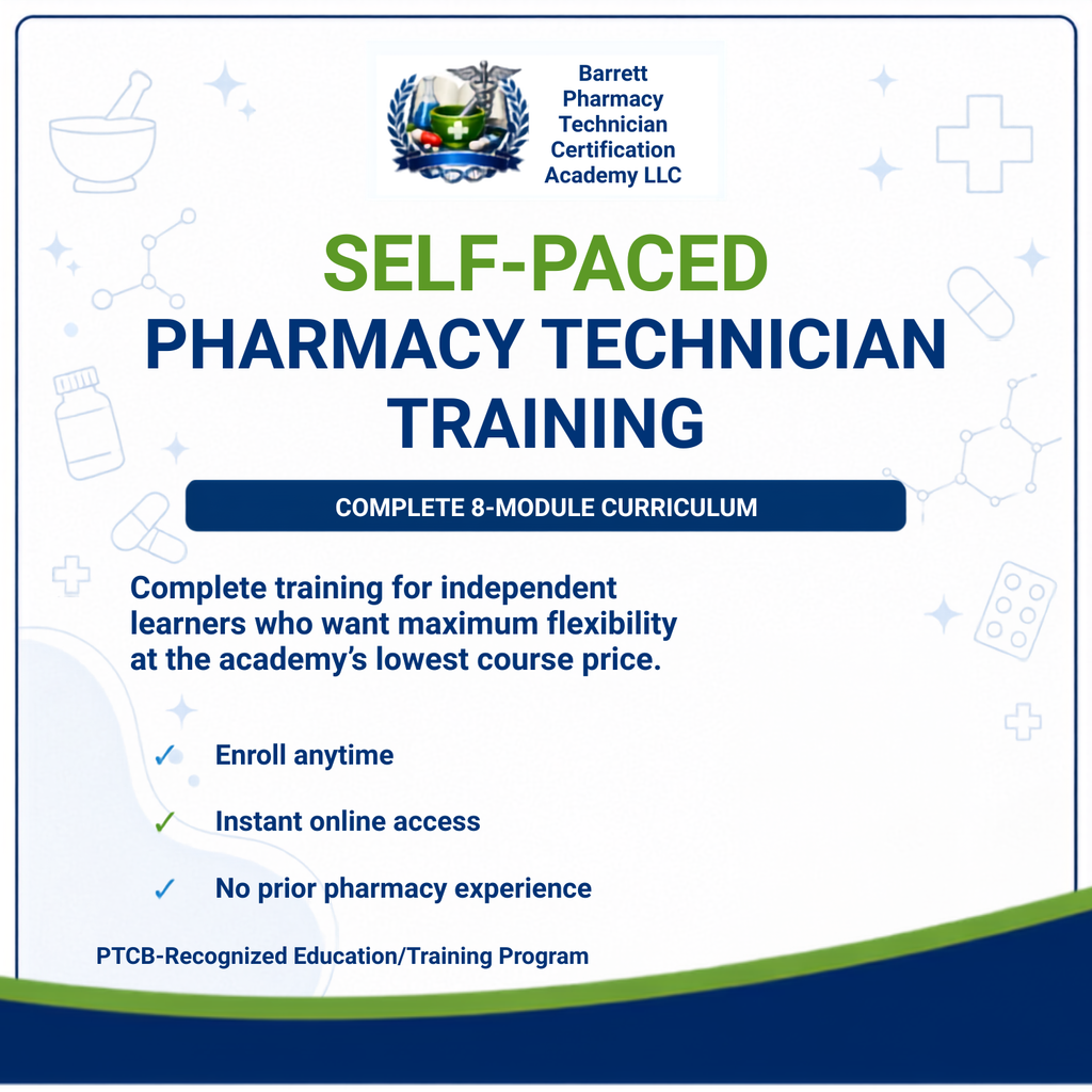 Promotional graphic for a self-paced pharmacy technician training program. The design features a white background with a blue footer, decorated with light blue medical icons (cross, pill, syringe, mortar and pestle).