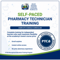 Promotional graphic for a self-paced pharmacy technician training program. The design features a white background with a blue footer, decorated with light blue medical icons (cross, pill, syringe, mortar and pestle).