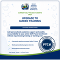 A promotional digital graphic for a Barrett Pharmacy Technician Certification Academy LLC upgrade to guided training service package. The graphic features a white background with blue and green text, a navy blue banner, and light blue medical icons.