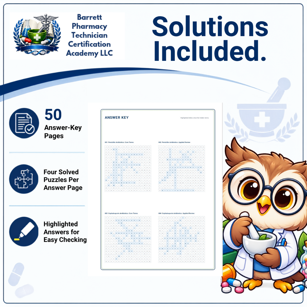 Promotional graphic for a pharmacy technician certification study guide, featuring the Barrett Pharmacy Technician Certification Academy LLC logo, the text 'Solutions Included.', feature callouts for 50 answer-key pages and four solved puzzles per page, and an owl character wearing glasses and a lab coat holding a beaker.