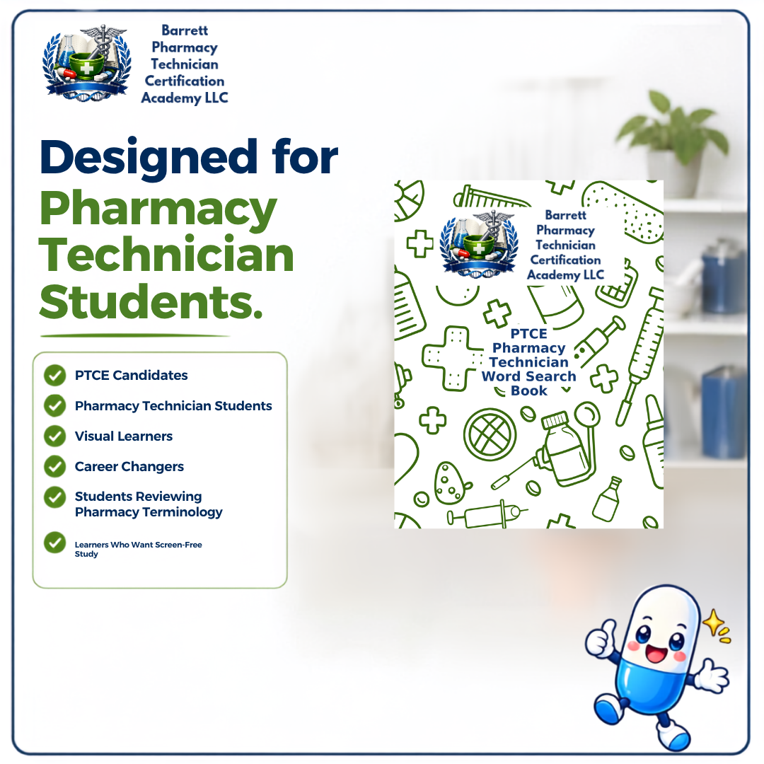 Promotional graphic for the Barrett Pharmacy Technician Certification Academy LLC PTCE Pharmacy Technician Word Search Book, showing the book cover on the right with green line drawings on a white background, alongside marketing text and a cartoon pill character on a light blue backdrop.