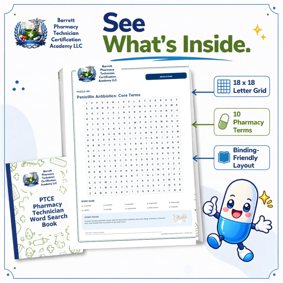 PTCE Pharmacy Technician Word Search Book cover and an inside preview page for a Barrett Pharmacy Technician Certification Academy word search activity, shown on a white promotional graphic with callout icons and a cartoon pharmacist character.
