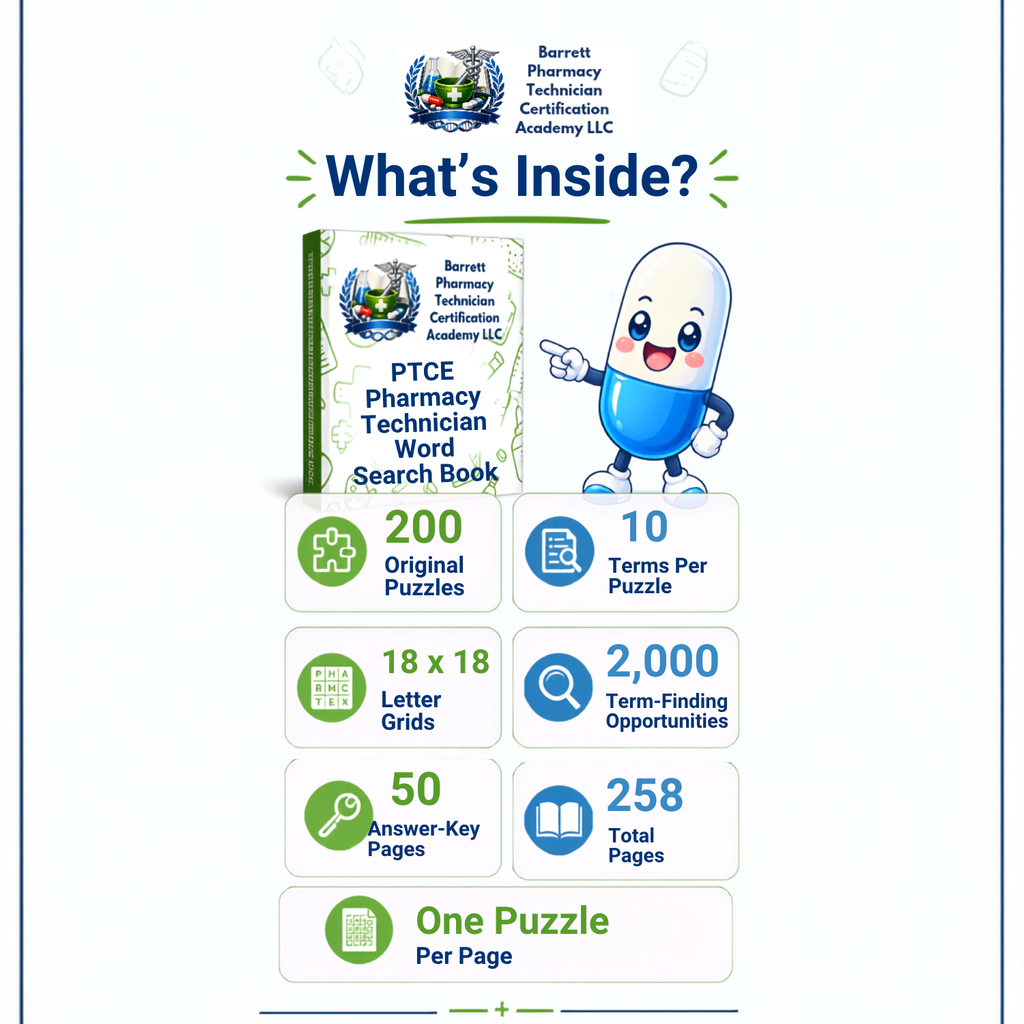 Promotional infographic for the Barrett Pharmacy Technician Word Search Book, showing a product cover mockup, a smiling pill character, and feature callouts including 200 original puzzles, 10 terms per puzzle, 18 letter grids, 2,000 term-finding opportunities, 50 known-key words, 258 total pages, and one puzzle per page.