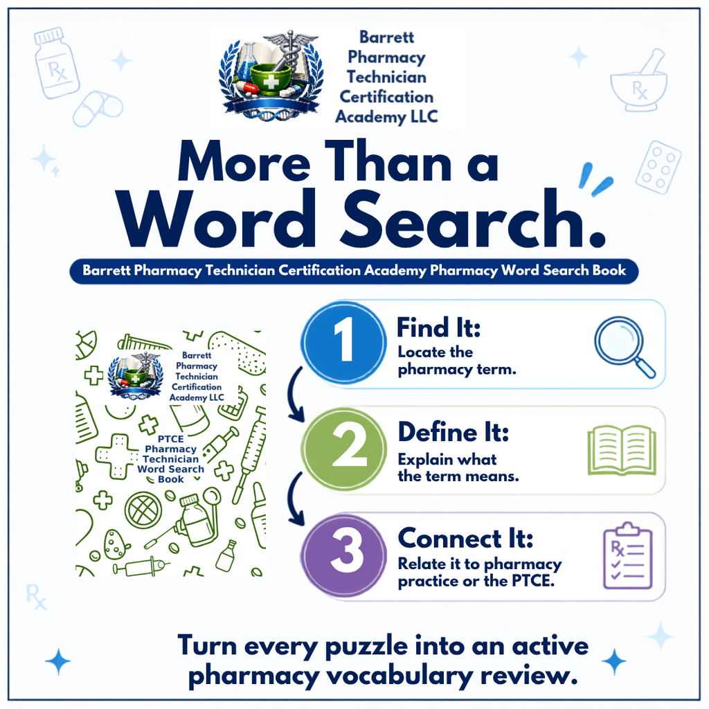 Promotional graphic for the Barrett Pharmacy Technician Certification Academy 'More Than a Word Search' book, showing the title, the Barrett logo, and three illustrated steps (Find It, Define It, Connect It) with icons on a white background.