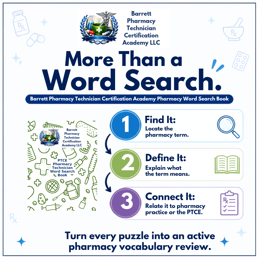 Promotional graphic for the Barrett Pharmacy Technician Certification Academy 'More Than a Word Search' book, showing the title, the Barrett logo, and three illustrated steps (Find It, Define It, Connect It) with icons on a white background.